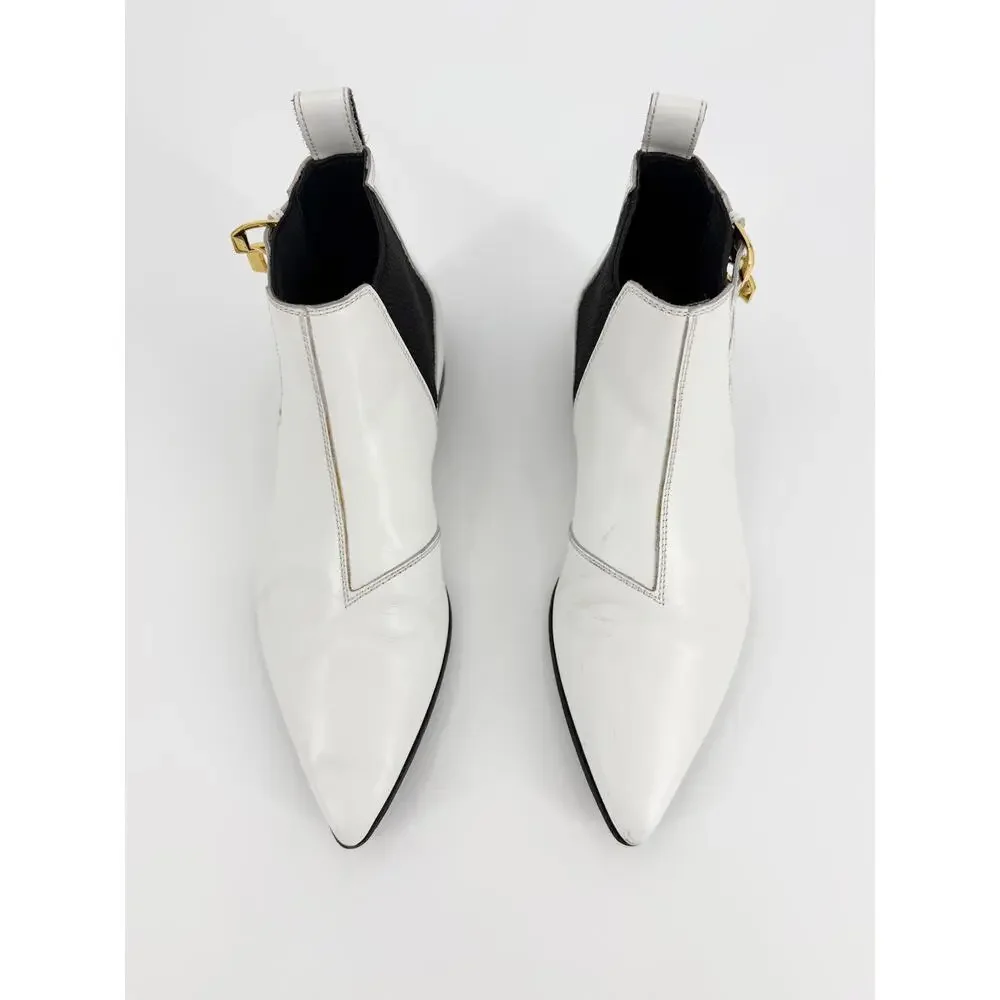 Gucci White Leather Gold Buckle Strap Ankle Booties Boots Size 38 EU 8 Low Heel